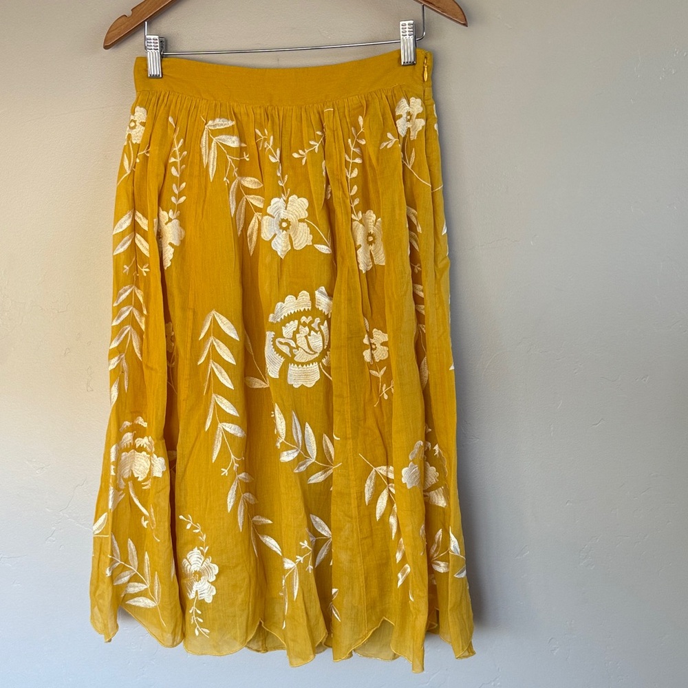 Maeve Mustard Floral Embroidered Midi Skirt size S